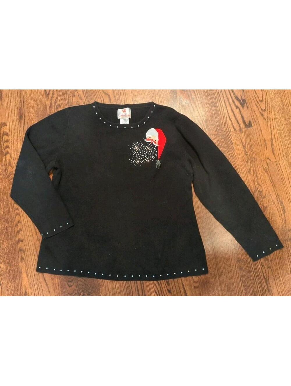 Quacker Factory XL Santa Black Long Sleeve Sweater Top Beard Bling Christmas EUC